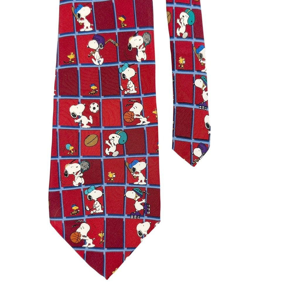 Vintage Peanuts Snoopy Sports Silk‎ Tie Red Grid Woodstock Made in USA